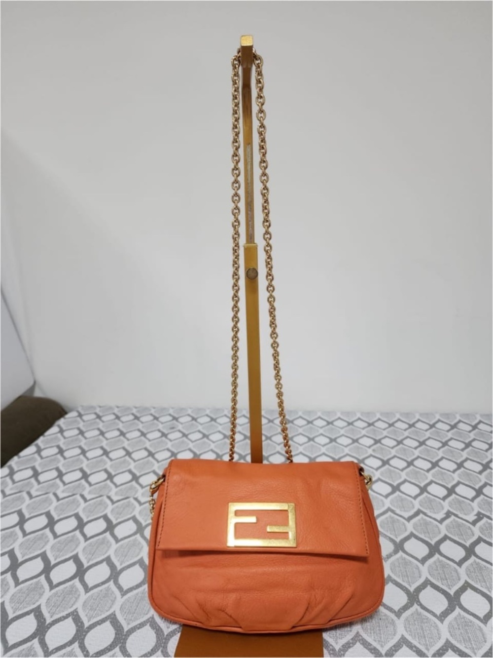 Authentic FENDI Leather Fendista Pochette Crossbody Bag Orange
